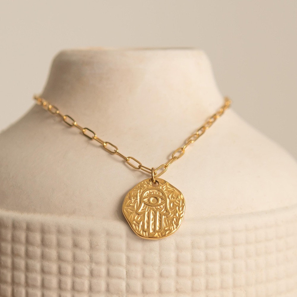 Gold Hamsa Hand Necklace: Stainless Steel Paperclip Chain, Evil Eye Protection